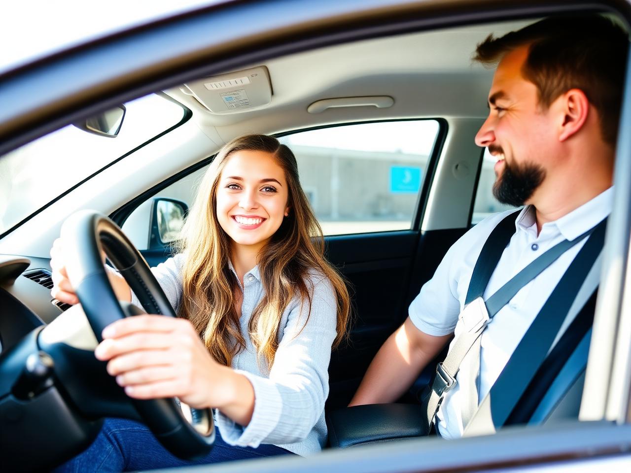 Étudiante souriante au volant avec son instructeur Vision Plus